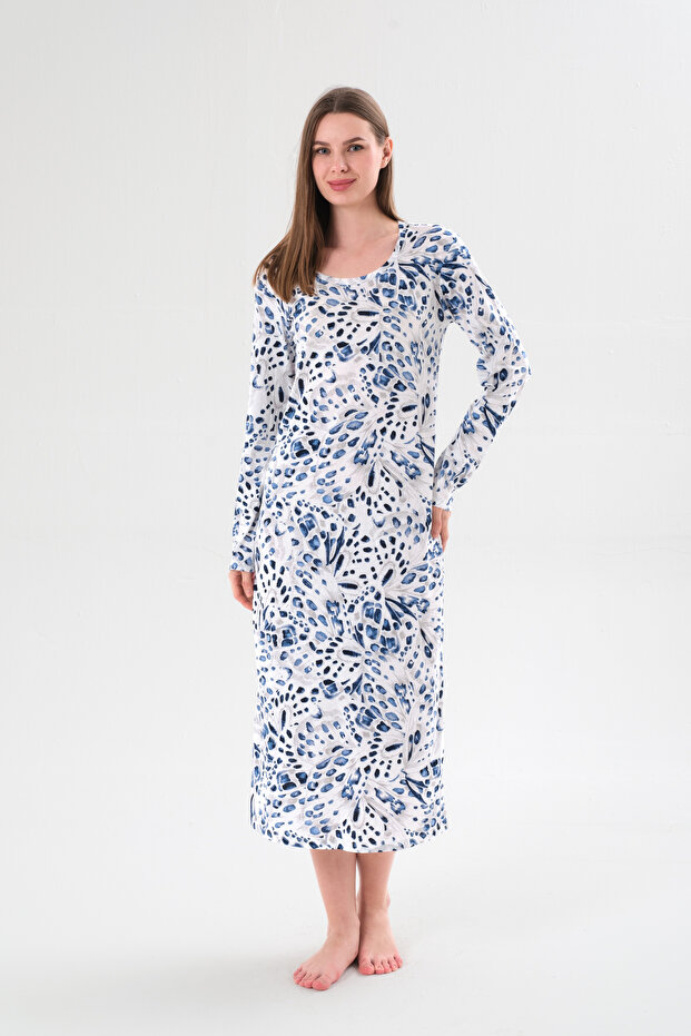 Women's White Blue Patterned Long Sleeve Dress - Comfortable Casual Dress - Long and Short Options