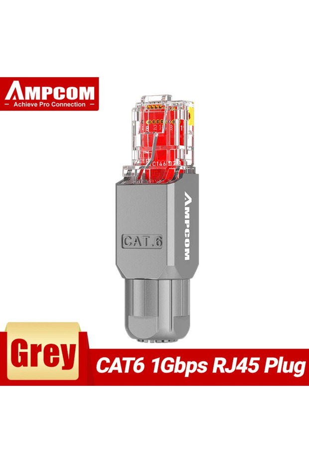 موصل AMPCOM RJ45 رمادي اللون من نوع CAT6 بدون تجعيد، قابس معياري UTP بسرعة 1000 ميجابت في الثانية من نوع CAT6/CAT6A بدون أدوات