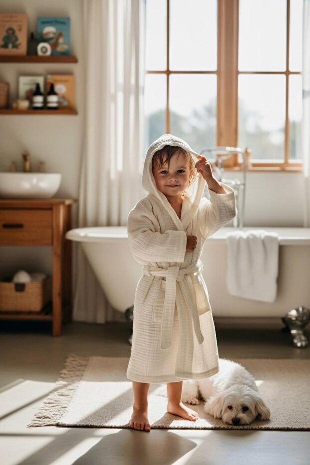 100% Cotton 4 Layer Muslin Ecru Children's Bathrobe