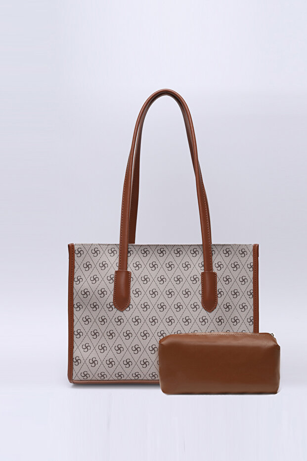 Monogram Printed Mink Shk173 Faux Leather, Single Compartment, Zippered, Hand, Arm and Shoulder Bag with Makeup Bag
