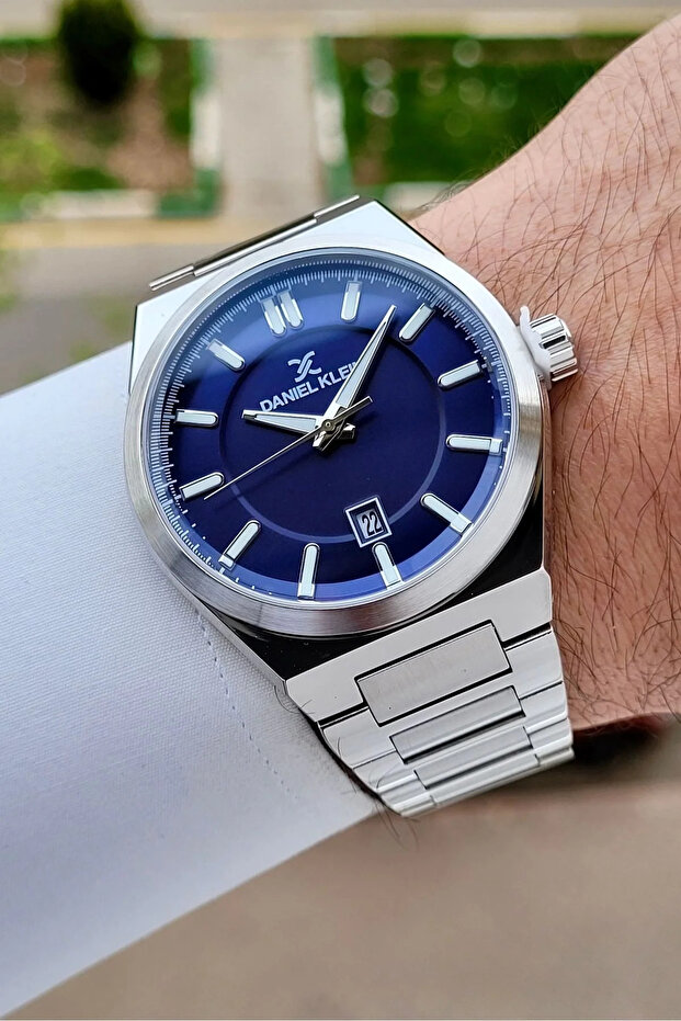 43 mm Men's Wristwatch with Navy Blue Dial Silver Color Band with Calendar Dkiste1782