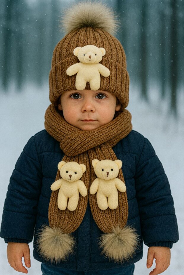 Tabaya Natural Pompon Bear Knitwear Scarf Beanie