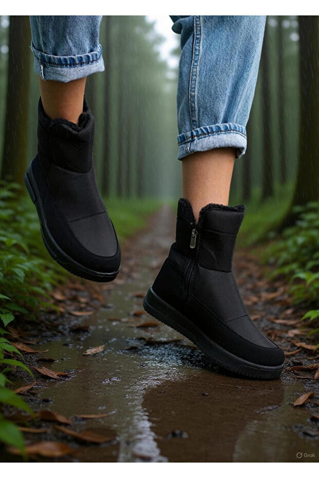 Stretchy Comfortable High-Quality Fur-Trimmed Orthopedic Waterproof Non-Slip Sole Everyday Women's Black Snow Boot