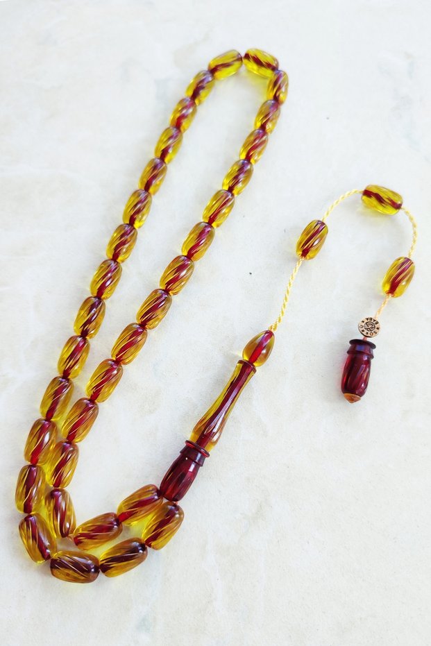 Yellow Red Pen-Carved, Embroidered, Master-Signed, High-End Fire Amber Fan Rosary