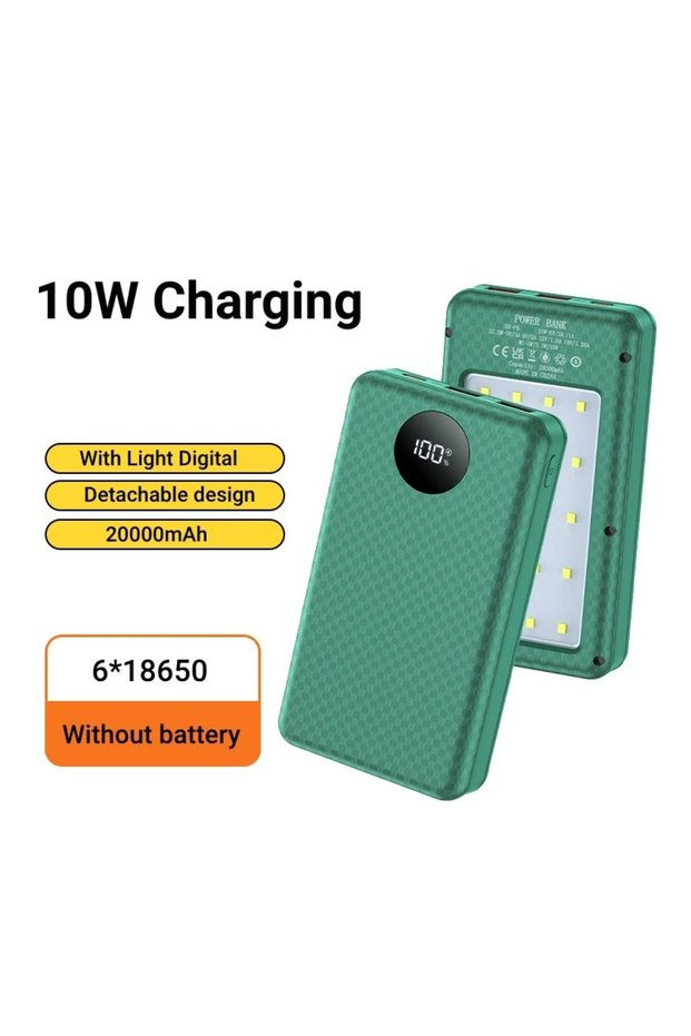 green 6*18650 Power Bank Battery Box Holder Dual USB Type C Charge Shell With camping lights for iPh