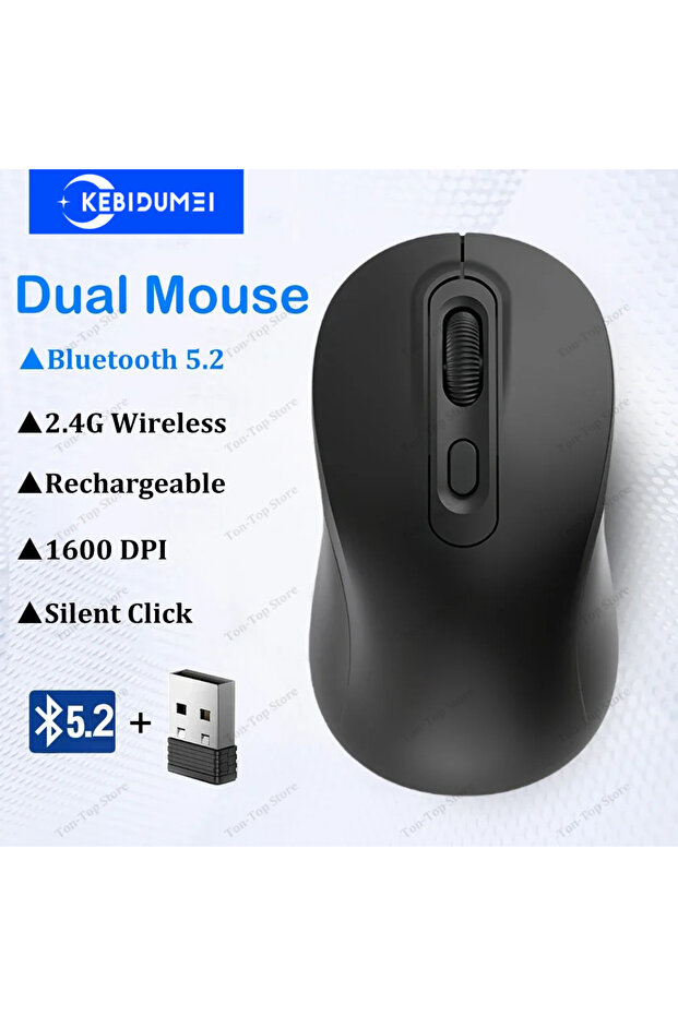 ماوس kebidumei BT5.2 2.4G أسود اللون، يعمل بتقنية بلوتوث 5.2، لاسلكي، قابل لإعادة الشحن، ثنائي الوضع، مخصص للألعاب