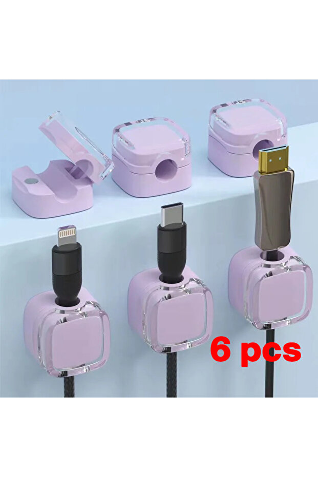 6 قطع من مشابك الكابلات المغناطيسية الأرجوانية، حامل كابلات USB ناعم قابل للتعديل، منظم كابلات تحت المكتب