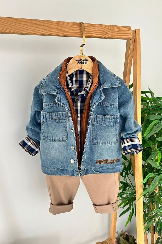 Miniğimin Cicileri Denim Jacket Vest Distr Printed Boys' 4-Piece Set - Dark Brown