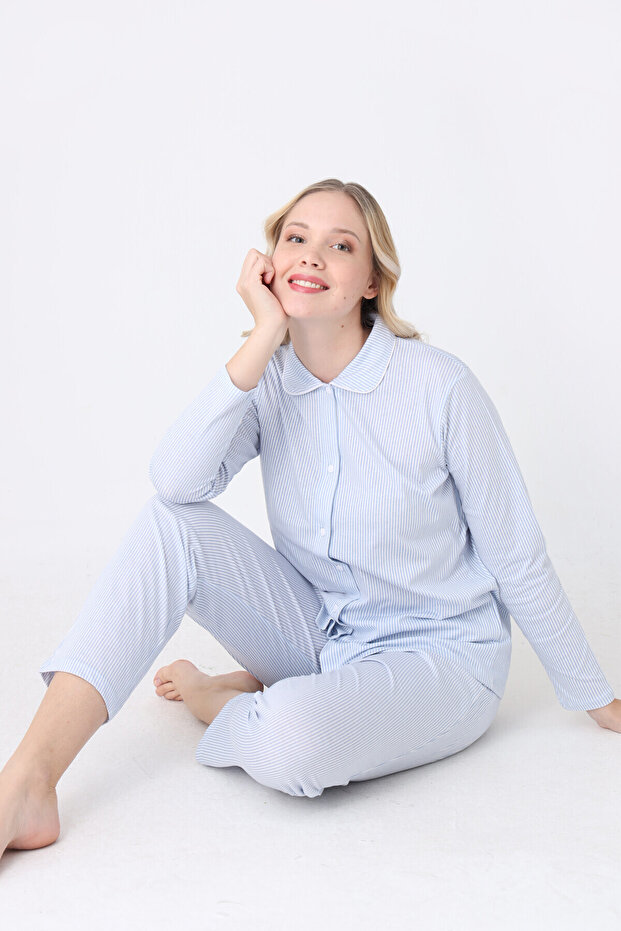 طقم بيجامة أزرق بأزرار أمامية - 3