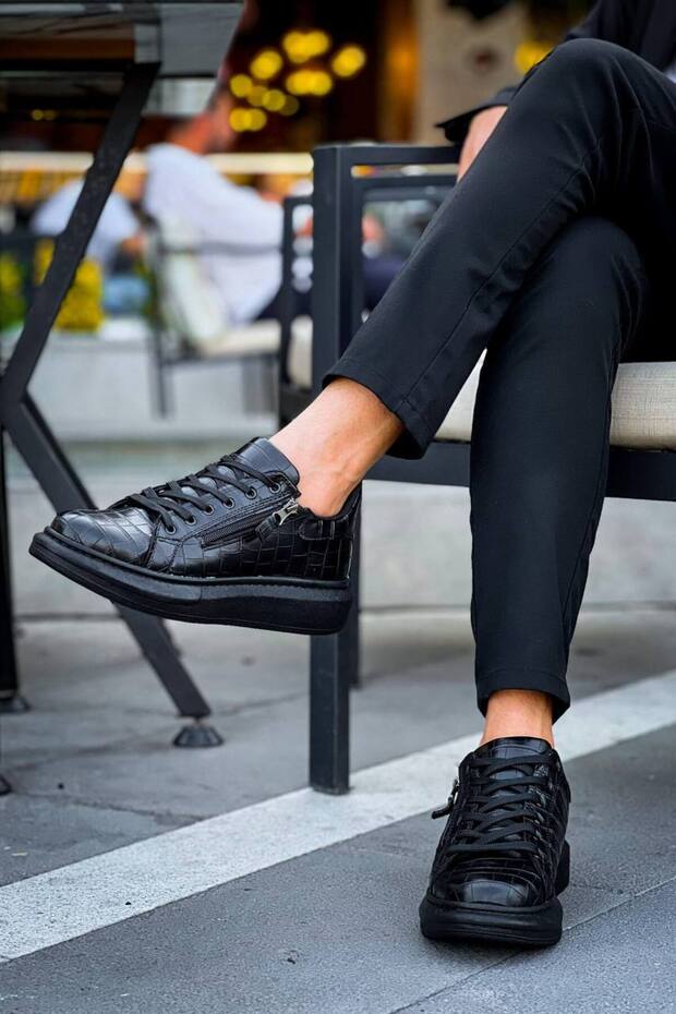 Kb309 Men's Casual Lace-Up Zippered Croco Patterned Leather Sports Sneaker Shoes Cst - Black