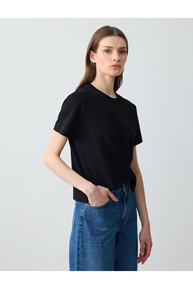 Siyah %100 Pamuk Kısa Kollu Basic Örme Tişört - 4