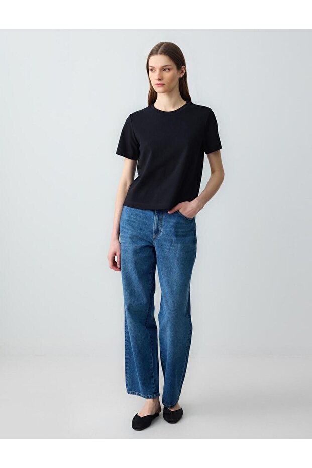 Siyah %100 Pamuk Kısa Kollu Basic Örme Tişört - 2