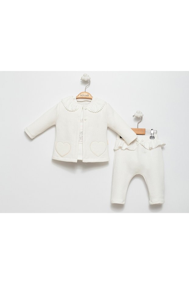 Seasonal 3-Piece Set with Heart Embroidery Detail Cardigan