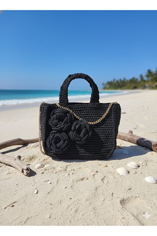 El - Çapraz Çanta Mango Model İp Örme Siyah 28x23x60 - 2