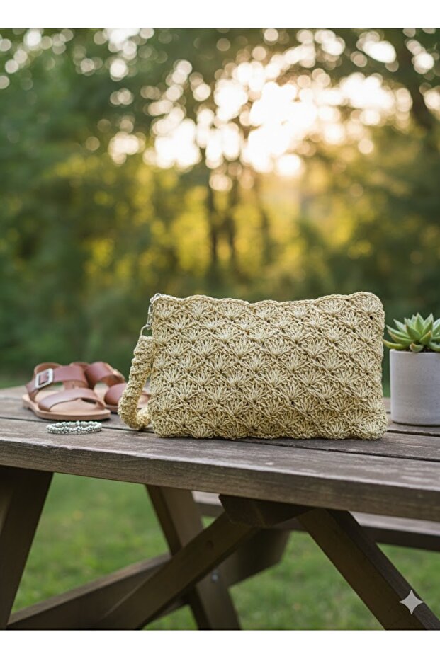 El Çanta Kağıt İp Örme Hardal 27x16x17 - 1