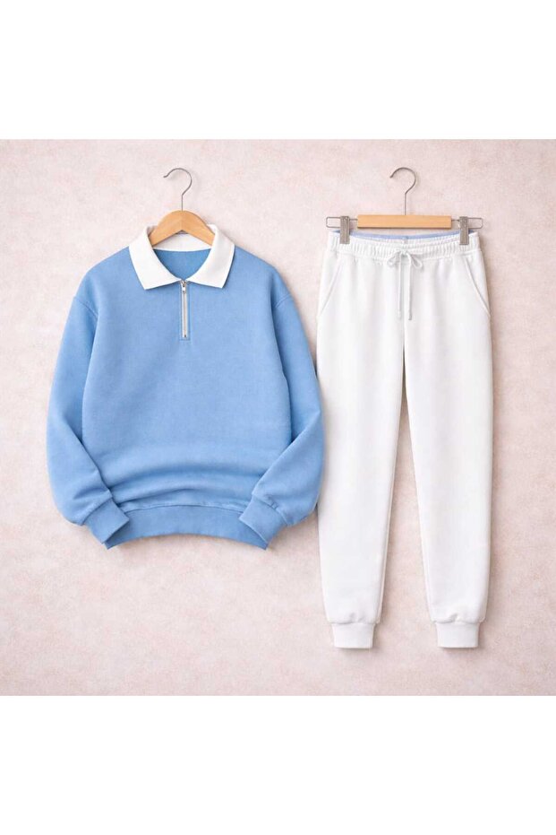 Unisex White Collar Half Zipper Sweatshirt Tracksuit