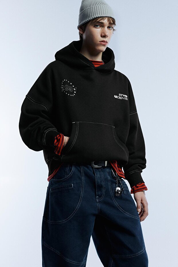STWD kapüşonlu siyah sweatshirt - 1