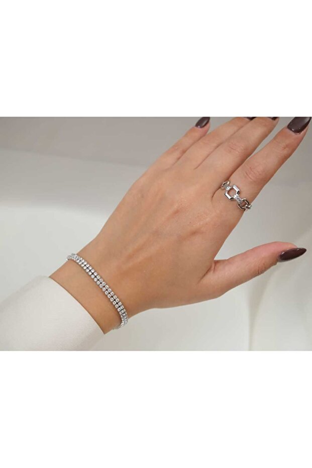 Blk150 Double Row Stone Waterway Bracelet Silver - 17 cm + 2 cm Extension