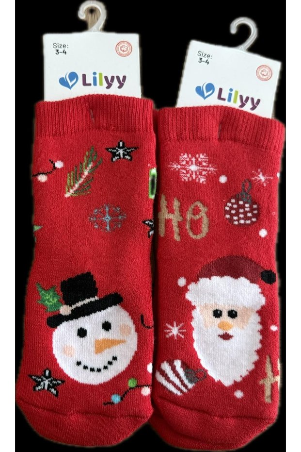 Christmas Themed Red Children's Towel-Based Socks Set of 2 – Snowman & Santa Claus Patterned (3–4 Years Old)