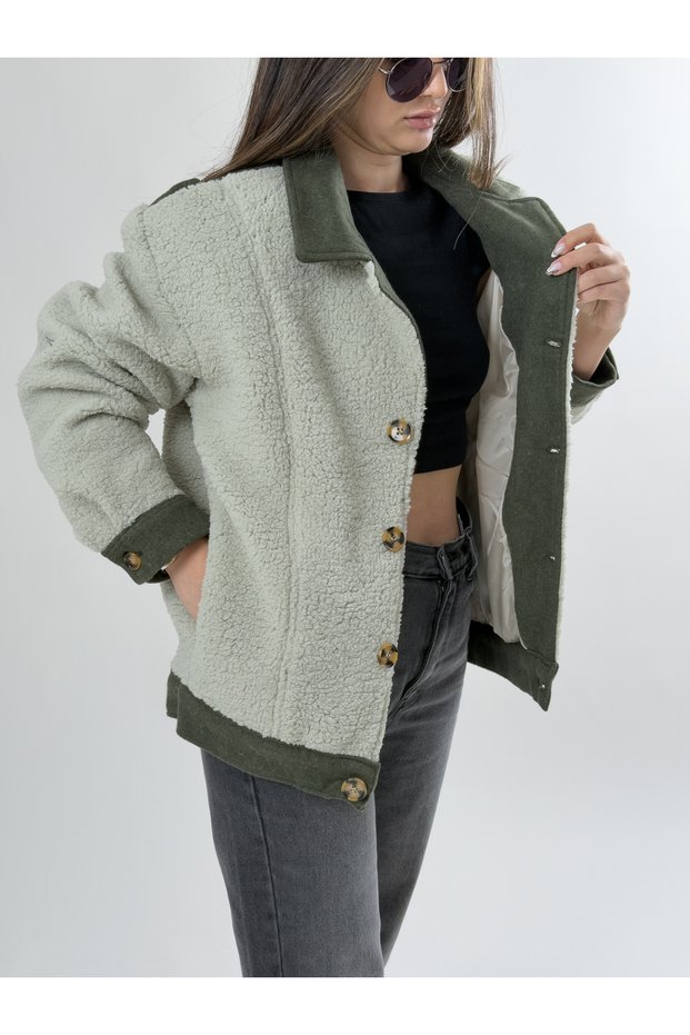 Women's Cashmere Detailed Green Plush Cardigan Coc2640