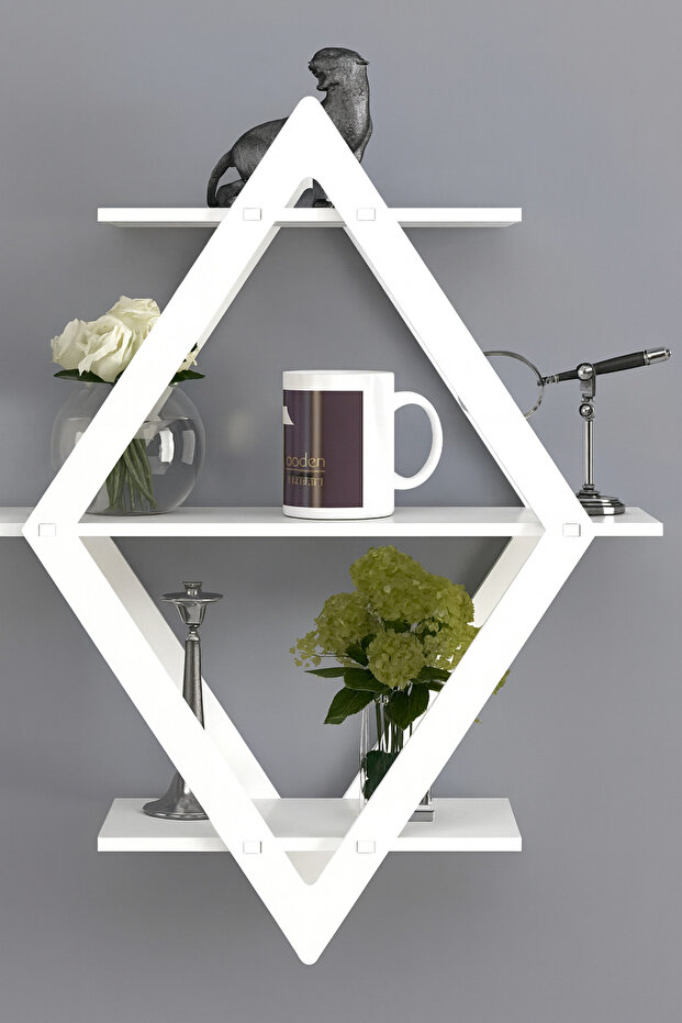 Geometric Diamond Floating Wall Shelf, White Wood, 3 Tier Display Shelves, 50cm Height, Modern Decor