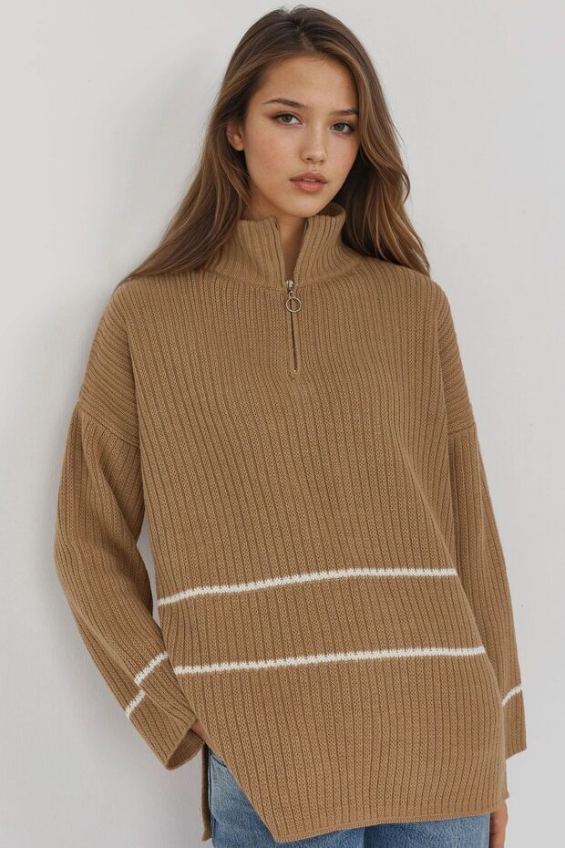 My Fashion Zippered Collar Loose Fit Striped Knit Sweater