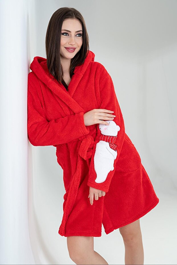 Women's Hooded Welsoft Fabric Soft Textured Red Color Dressing Gown C1T1N0302