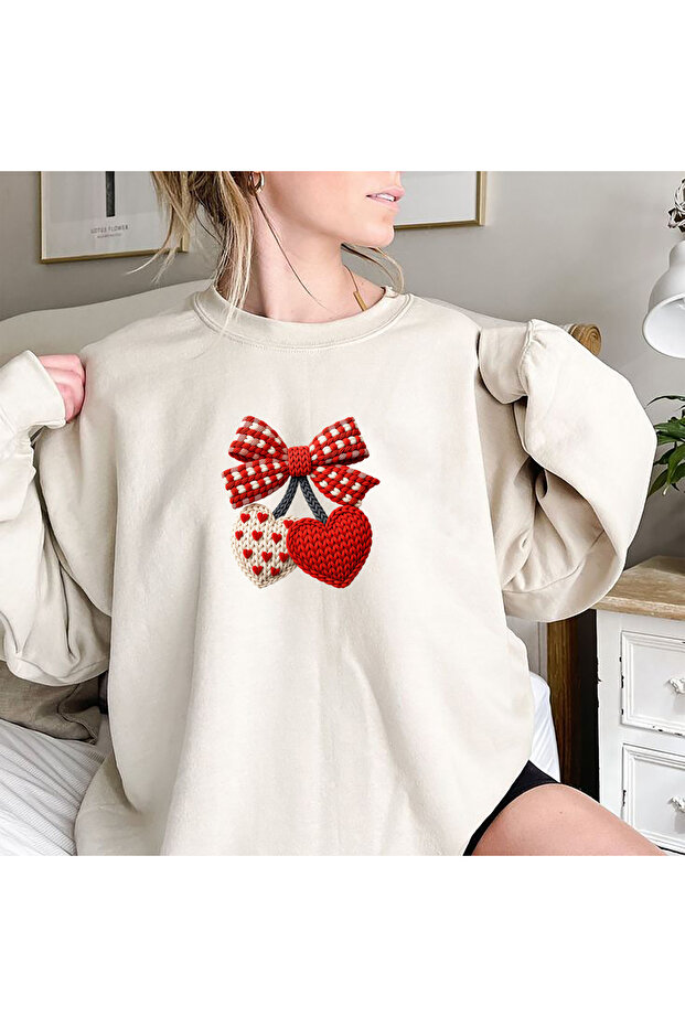 Embroidered Look Ribbon Printed Cotton Beige Sweatshirt
