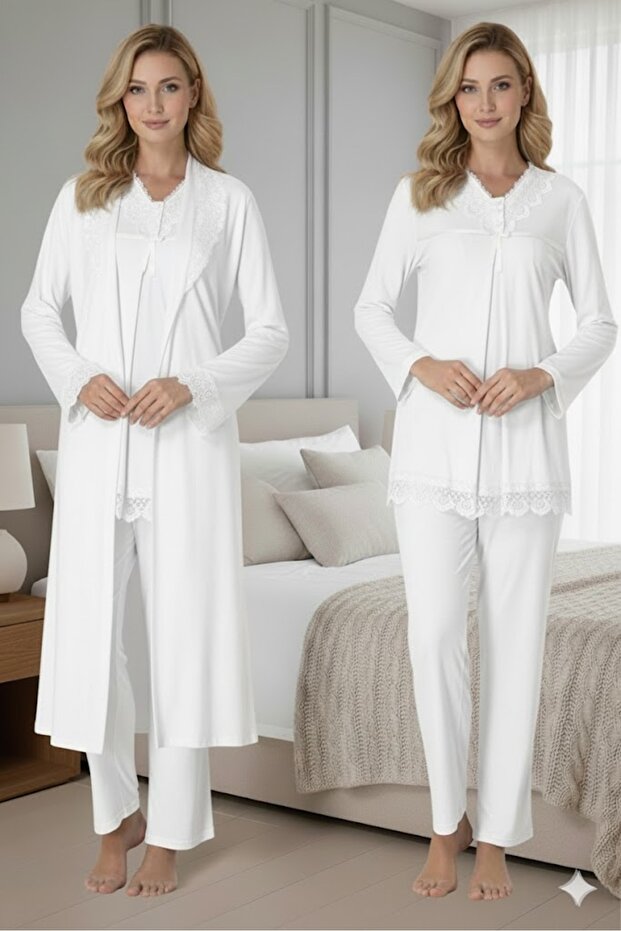 Women's Shawl Collar Lace Maternity Pajama Set with Dressing Gown, 3-Piece Pajama Set