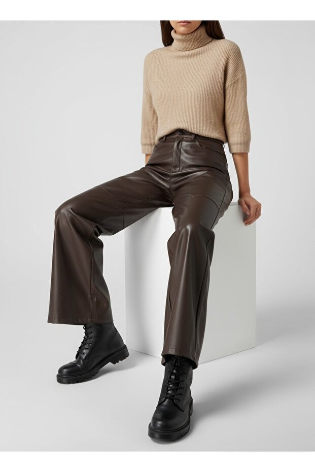 Коричневі штани з розслабленим кроєм, з деталями швів, зі шкіри - 7