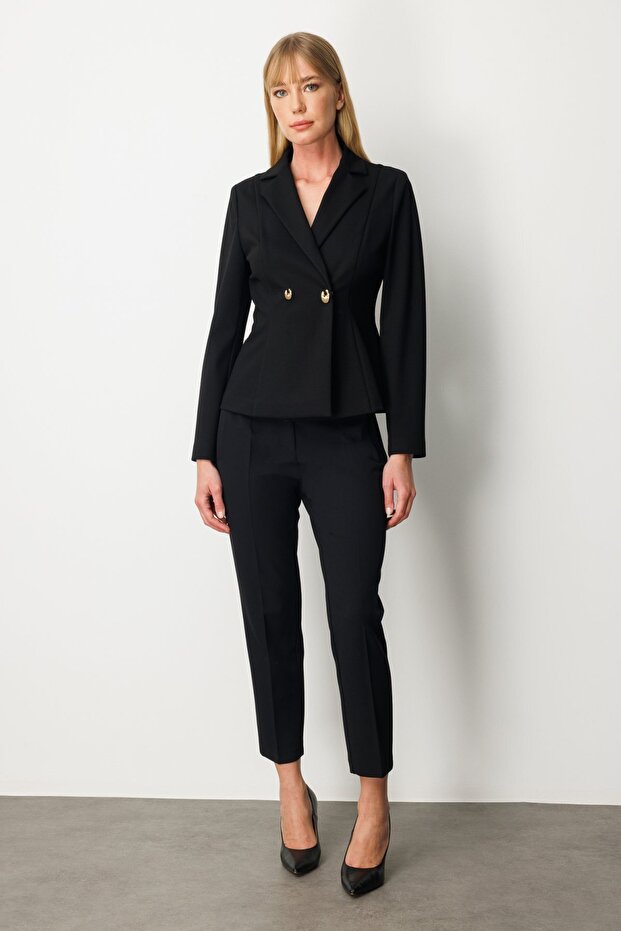 بأزرار على الجهتين سترة بياقة مزودة بأزرار كبس باللون الأسود - 3