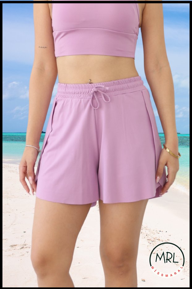 Women's Sports Shorts with Pockets, Boxer Elastic Laces, Side Slits, Diving Fabric, Lilac Color