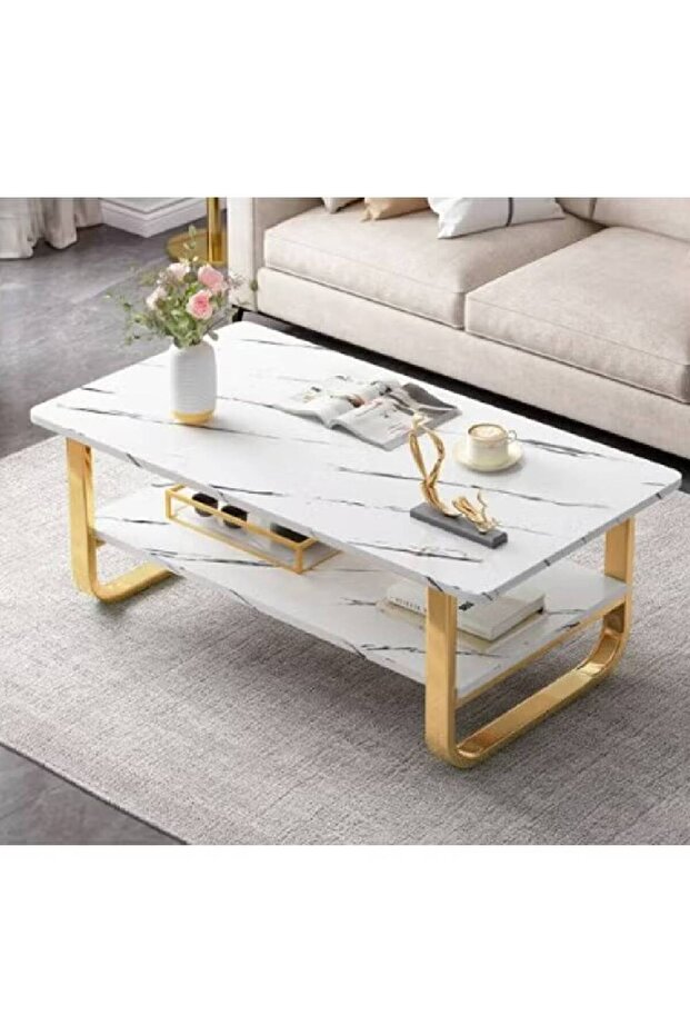 طاولة قهوة زجاجية عصرية من طبقتين بإطار ذهبي وتصميم رخامي (COFFEETABLE07)