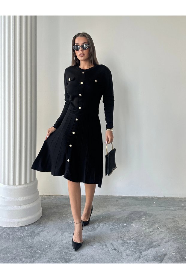 Women's Black Stylish Gold Button Detailed Elegant Long Sleeve Knitwear Dress