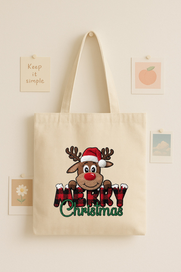 Merry Christmas Written Colorful Deer Printed Cloth Bag Tote Bag