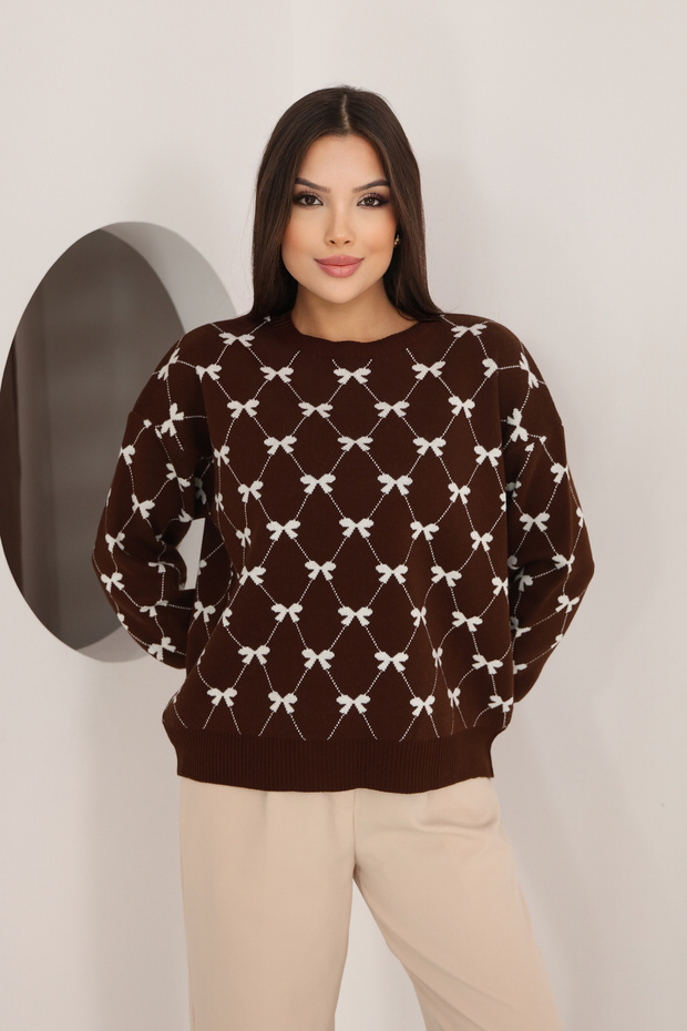 Round Crew Neck Bow Tie Bowknot Argyle Jacquard Long Sleeve Standard Fit Knitwear Sweater
