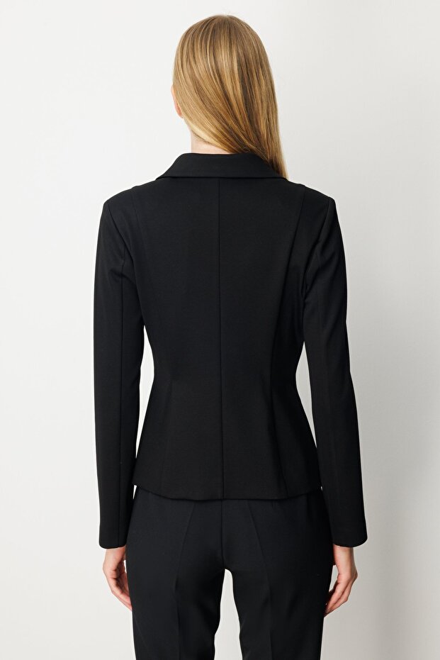 بأزرار على الجهتين سترة بياقة مزودة بأزرار كبس باللون الأسود - 4