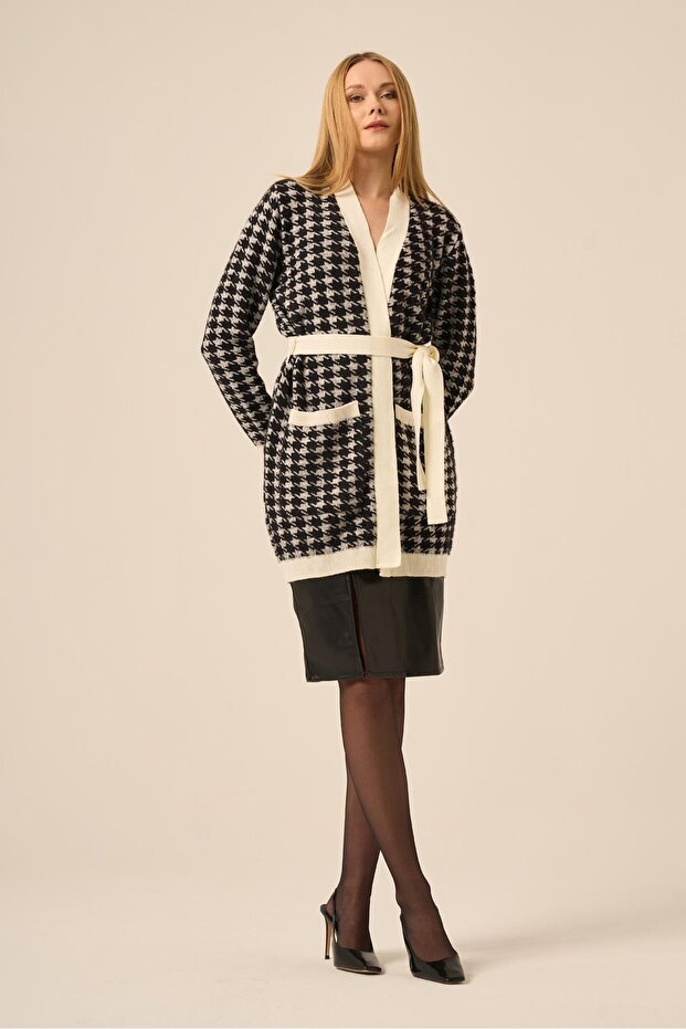 Women's Houndstooth Patterned Knitwear Cardigan Ecru 25250