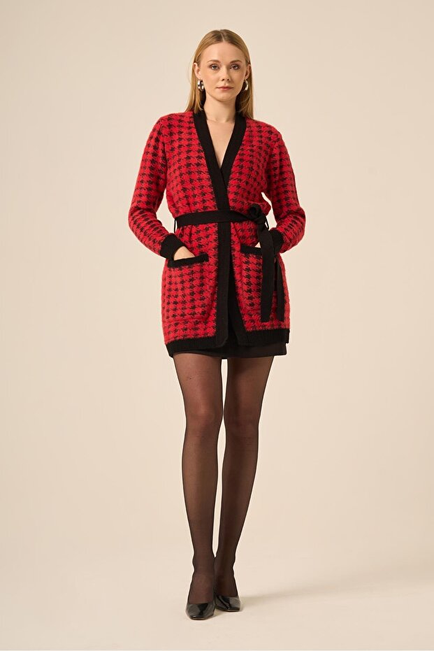 Women's Houndstooth Patterned Knitwear Cardigan Red 25250