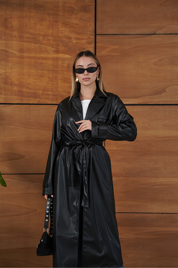 Belted Long Faux Leather Stylish Trench Coat
