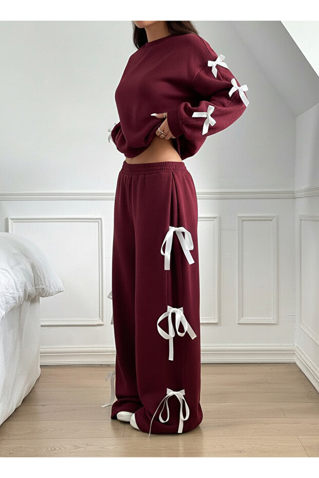 Women's Burgundy 2 Thread Fleece-Lined Piece Set – Relaxed Fit, Pink Bow Detail Winter Combination