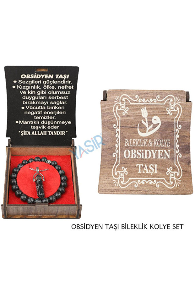 Obsidian Stone Necklace Bracelet Set with Special Wooden Box