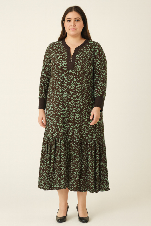Floral Print Plus Size Dress with Ribbed Sleeves