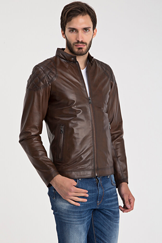 Men's Leather Jacket with Judge Collar and Shoulder Embroidery