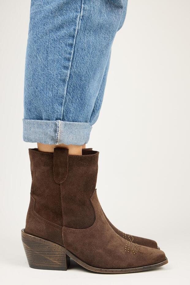 (Gona) Women's Genuine Leather Front Trocked Cowboy Brown Boots