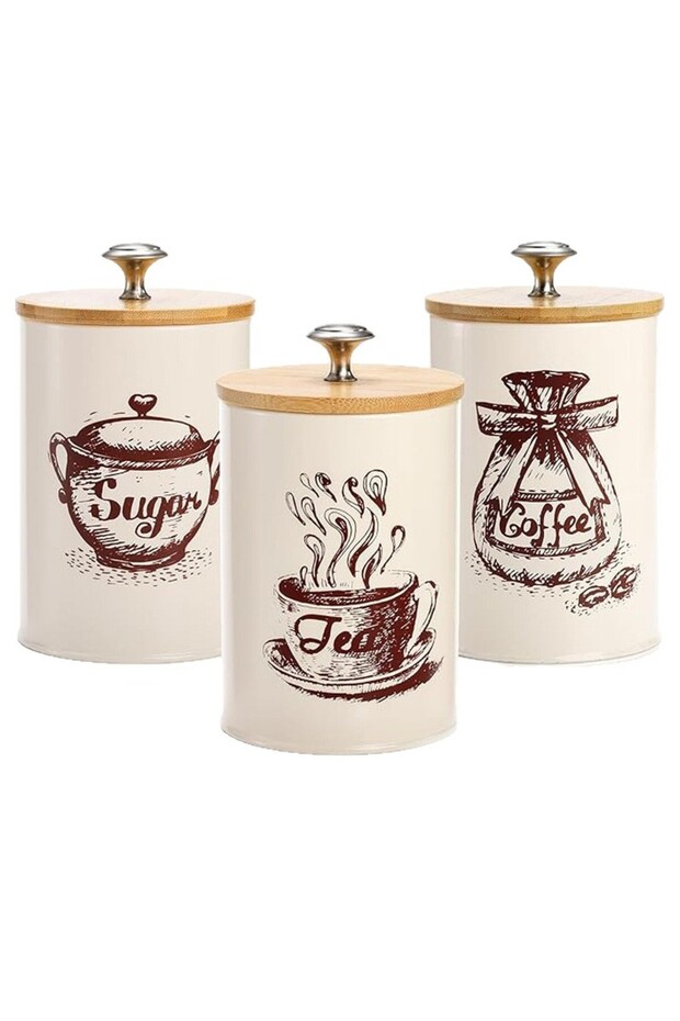 Coffee Tea Sugar Canister Set – Metal Kitchen Storage Containers with Wooden Lids and Metal Knobs