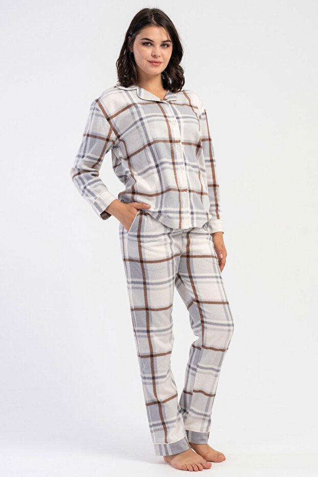 Women's Front Buttoned Long Sleeve Plaid Pattern Gray Color Fleece Pajama Set C8T3N8161