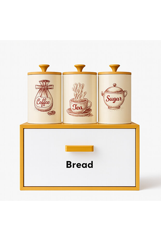 Coffee Tea Sugar Canister Set with Bread Box – Metal Kitchen Storage Containers with Wooden Lids