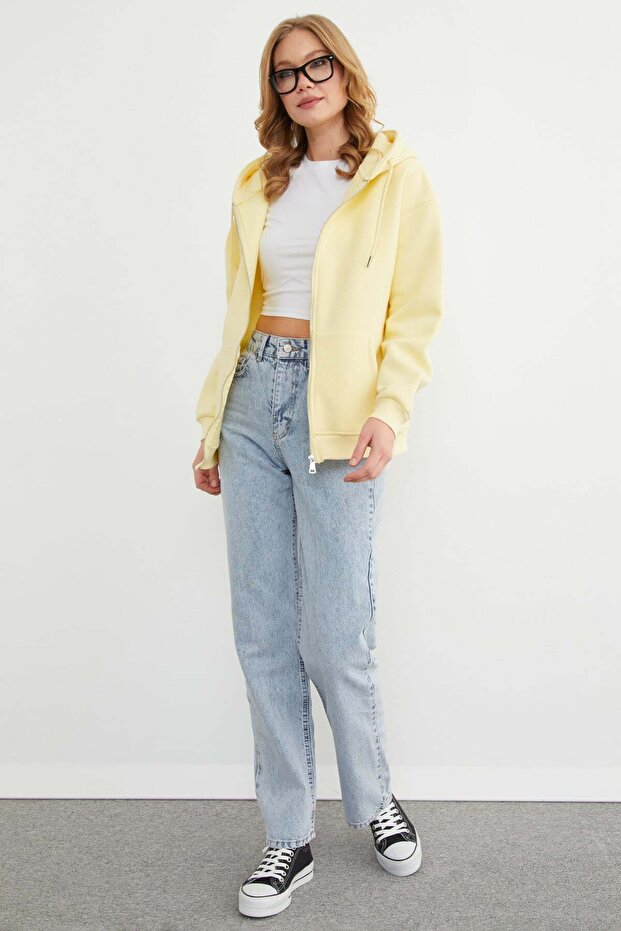 Basic Fermuarlı Kapüşonlu Oversize Sweatshirt - 3