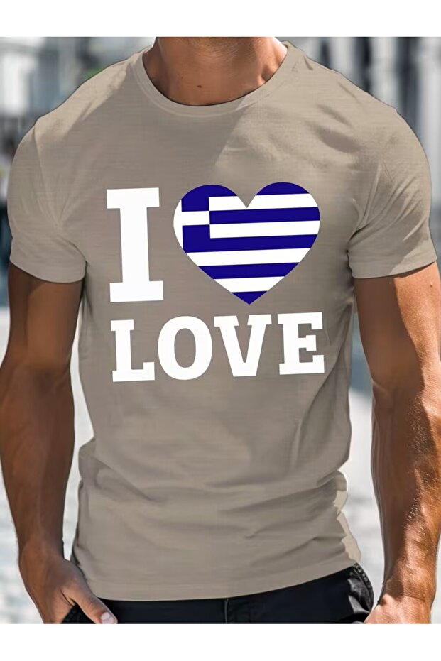 Men's Plus Size Casual T-Shirt, 100% Polyester Geometric Greece Love Print,